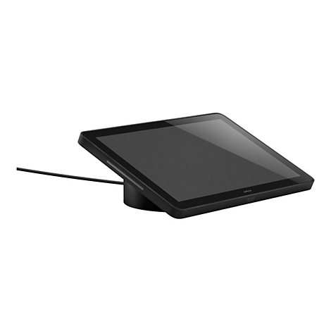 Schwarzes Tablet mit Touchscreen auf einem Sockel. Kabelanschluss und Jabra-Logo. Neutraler Hintergrund.