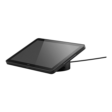 Schwarzes Jabra-Tablet auf einem runden Ständer, Kabelanschluss.