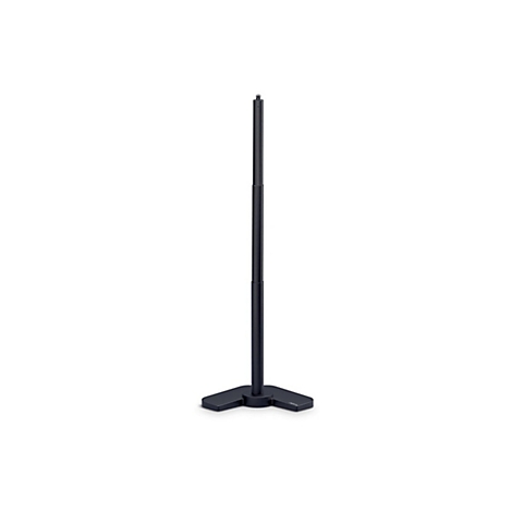Trépied de microphone noir réglable en hauteur sur fond blanc.