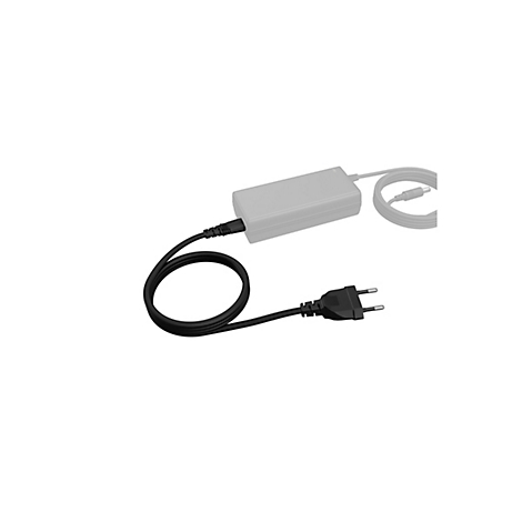 Netzteil mit schwarzem Kabel und Stecker, hellgrauer Adapter, isoliert auf weißem Hintergrund.