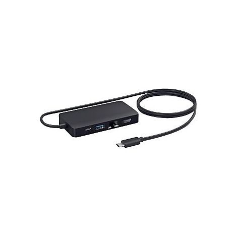 Hub USB-C noir avec diffÃ©rents ports et cÃ¢ble sur fond blanc.