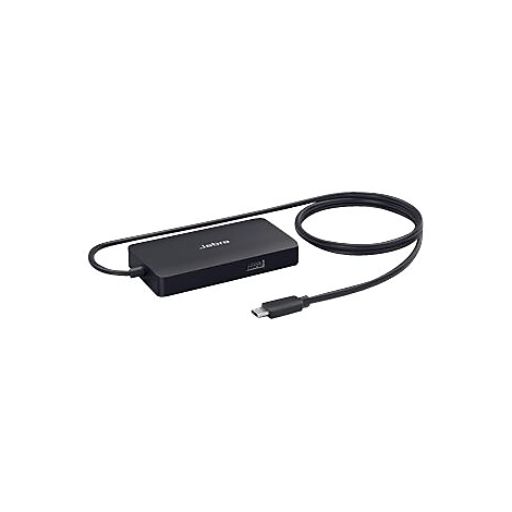Hub USB-C Jabra noir avec port USB et cÃ¢ble.