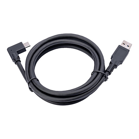 Ein schwarzes USB-Kabel, gewickelt in einer Spirale. An einem Ende ein USB-C-Stecker, am anderen Ende ein USB-A-Stecker.