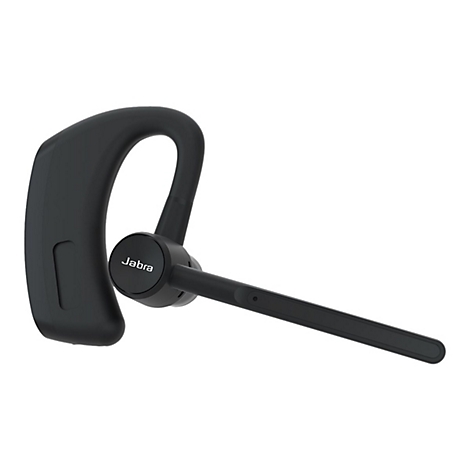 Schwarzes Jabra Bluetooth-Headset vor weißem Hintergrund. Der Bügel umschließt das Ohr, am Mikrofon ist der Markenname zu sehen.