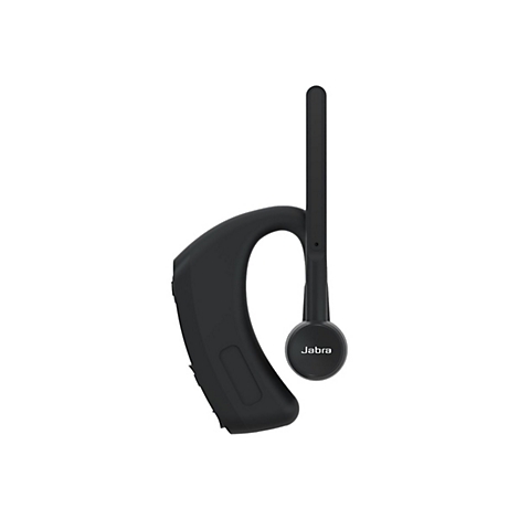 Schwarzes Bluetooth-Headset mit der Aufschrift Jabra auf einem weißen Hintergrund.