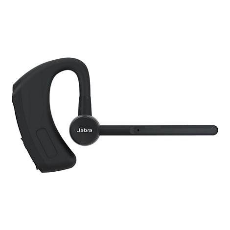 Schwarzes Jabra Bluetooth Headset auf weißem Hintergrund. Der Bügel umschließt das Ohr, ein Mikrofonarm ragt seitlich heraus.