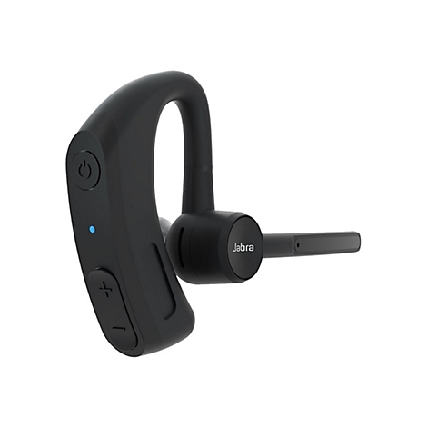 Schwarzes Jabra Bluetooth-Headset vor weißem Hintergrund.