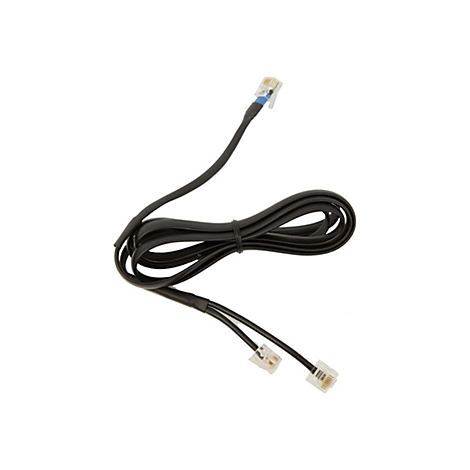 Schwarzes Telefonkabel mit zwei RJ45-Steckern. Der Stecker am Ende des längeren Kabels hat eine blaue Verriegelung.