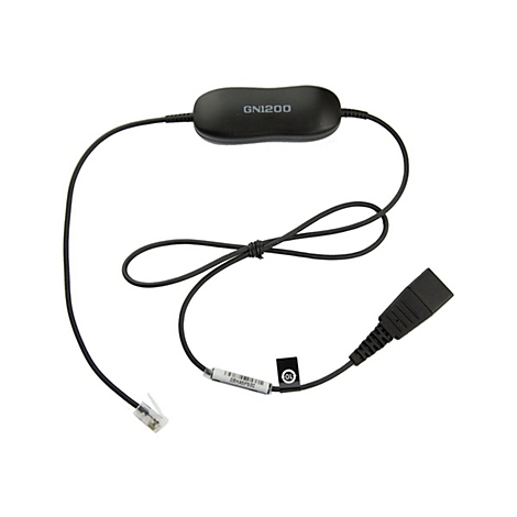 Schwarzes GN1200 Headset mit Kabeln, Enden in RJ-Stecker und rechteckigem Stecker.