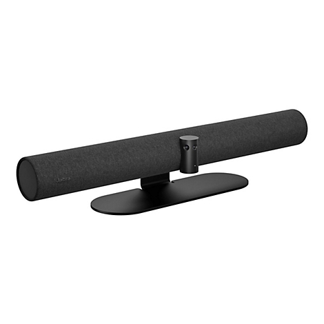 Barre de son noire sur pied noir. L'appareil a une forme cylindrique et un revêtement en tissu. Le nom 'Jabra' est visible.