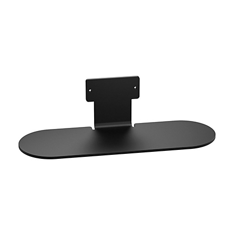 Étagère murale noire pour équipement audio. Elle se compose d'une étagère allongée et d'une partie de montage verticale en forme de T.