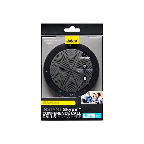 Haut-parleur Skype Jabra noir, emballÃ©. L'emballage indique Instant Skype Conference Call Anywhere.