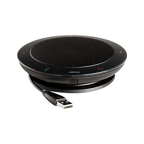 Microphone de conférence Jabra noir avec câble USB. L'appareil rond a un motif de trous et deux boutons. Étiqueté avec "Jabra".