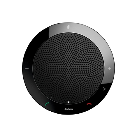 Haut-parleur rond et noir avec une bordure argentÃ©e. Il y a des boutons et une icÃ´ne de microphone sur le dessus. Le logo Jabra est visible.