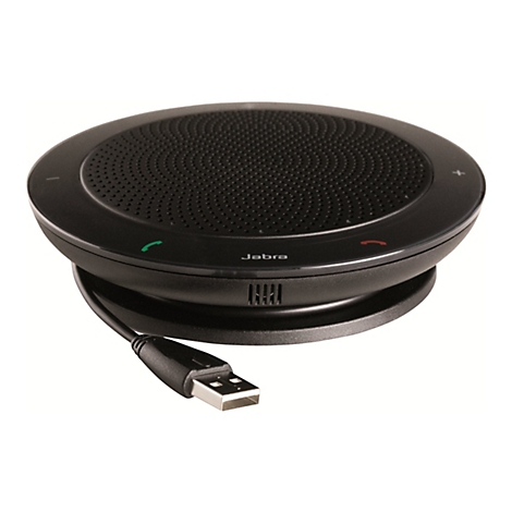 Haut-parleur de confÃ©rence Jabra noir rond avec cÃ¢ble USB. Dessus : grille de haut-parleur ; Ã  cÃ´tÃ©, touches de prise et de fin d'appel.