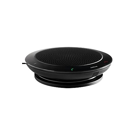 Téléphone de conférence Jabra noir avec dessus perforé, lumières vertes et rouges et nom de la marque.