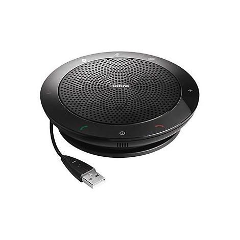 Haut-parleur de conférence Jabra noir avec câble USB. Forme ronde, haut-parleur perforé, commandes et logo.