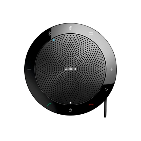 Haut-parleur Jabra rond noir avec motif perforé et commandes, boutons Bluetooth et d'appel. Logo Jabra. Câble.