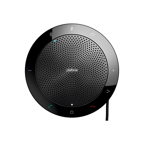 Haut-parleur Jabra rond noir avec logo et boutons, voyant bleu allumé. Connexion par câble.