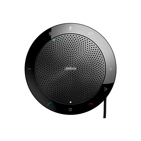 Haut-parleur Jabra noir de forme ronde avec des boutons de commande. Les touches microphone, Bluetooth et volume sont reconnaissables.