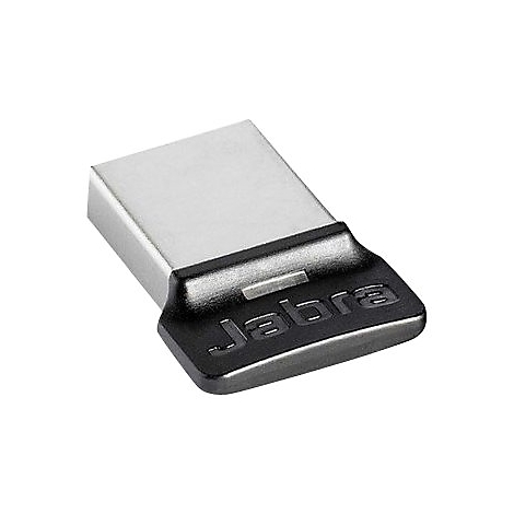 Un dongle USB Jabra gris sur fond blanc. Le dongle a un capuchon noir avec le logo Jabra.