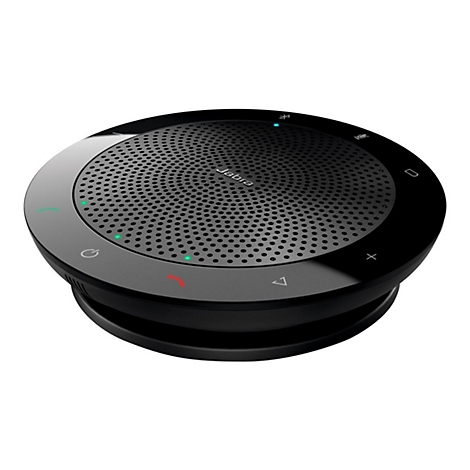 Haut-parleur noir avec logo Jabra et commandes, LEDs vertes et rouges.