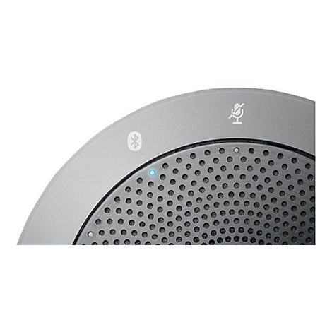 Gros plan sur un haut-parleur argenté. En haut, il y a une icône de microphone coupé et bluetooth.
