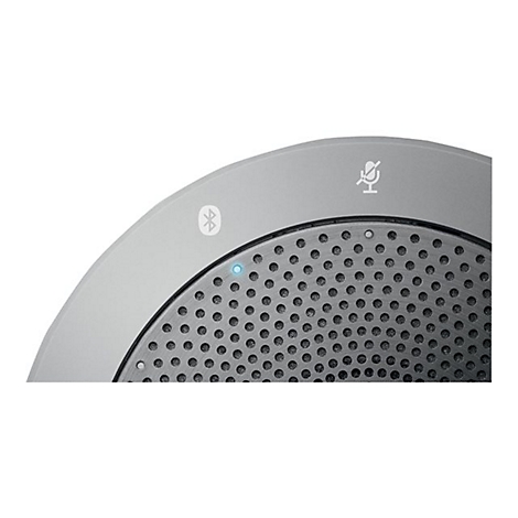 Nahaufnahme eines grauen Lautsprechers. Oben befinden sich Symbole für Bluetooth und Mikrofon (stumm).