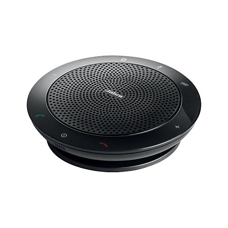 Haut-parleur Jabra noir avec dessus perforé et commandes.