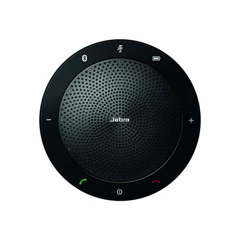Un haut-parleur Jabra noir avec une surface perforée, un symbole Bluetooth et des commandes.