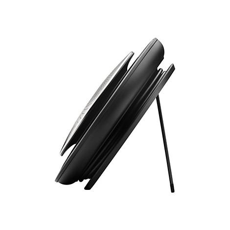 Schwarzes Telefon mit Metallgitter und Standfuß, seitliche Ansicht.