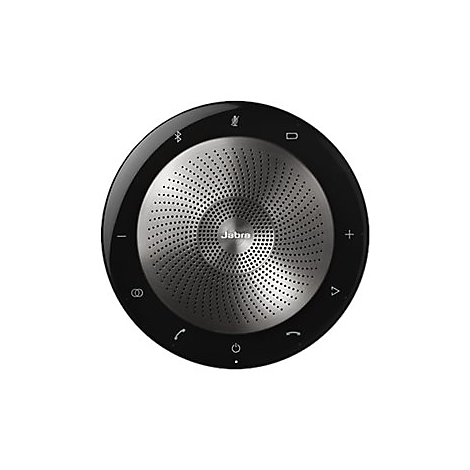 Runder, schwarzer Jabra-Lautsprecher. In der Mitte befindet sich ein silberner Lautsprechergrill mit dem Jabra-Logo. Am Rand sind Bedienelemente.