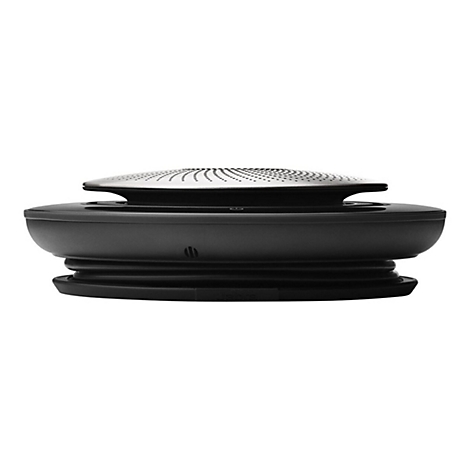 Schwarzer Lautsprecher mit silbernem Deckel und perforiertem Design, Jabra-Logo am unteren Rand.