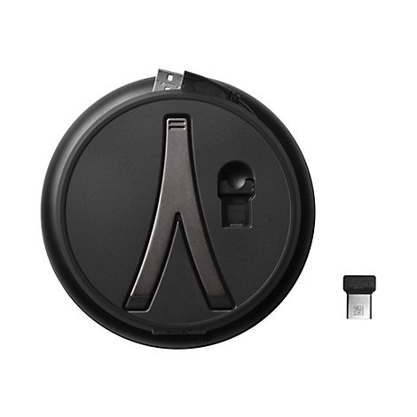 Chargeur noir avec connecteur USB et petite clé USB. Le couvercle est ouvert, révélant un "V" argenté.