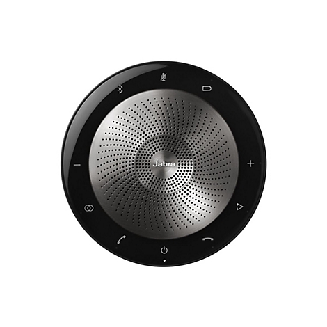 Haut-parleur Jabra rond et noir, grille de haut-parleur centrale argentée, boutons de commande, fond blanc.