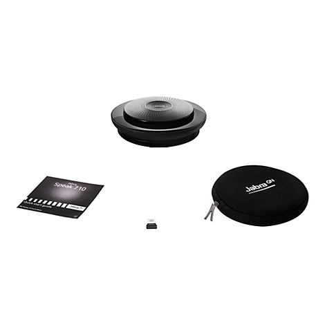Ensemble de produits : haut-parleur, Ã©tui, guide, dongle USB. Sur fond blanc.