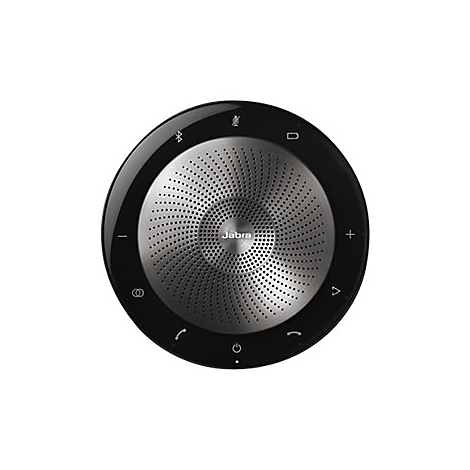 Runder, schwarzer Jabra-Lautsprecher mit silbernem Mittelteil. Bedientasten und Bluetooth-Symbol sind sichtbar.