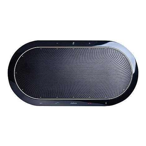 Ovaler, schwarzer Jabra-Lautsprecher. Mikrofone, Plus- und Minustasten oben. NFC-Funktion, Anrufannahme- und Auflege-Buttons unten.