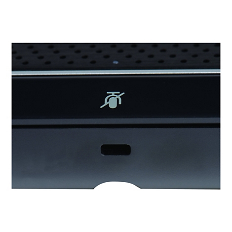 Nahaufnahme eines schwarzen Bedienfelds mit einem Symbol für stummgeschaltetem Mikrofon.