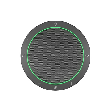 Haut-parleur de conférence rond et gris avec anneau lumineux vert et boutons de commande. Icônes de microphone, de volume et de téléphone.