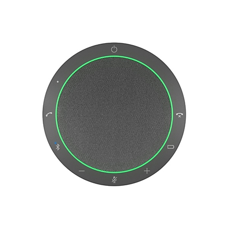 Haut-parleur rond gris avec lumière verte. Bouton d'alimentation en haut, icônes d'appel, Bluetooth, volume et microphone sur le côté.