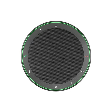 Haut-parleur rond noir avec bordure verte et divers symboles. En haut : bouton marche/arrêt. En bas : microphone et volume.