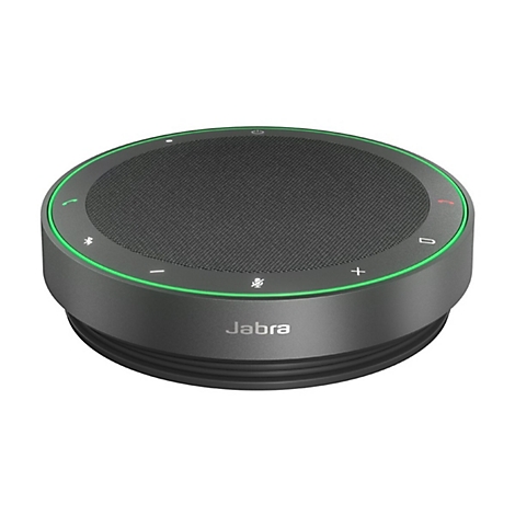 Haut-parleur Jabra rond et noir. Des boutons de commande verts et un bord vert sont sur le dessus.