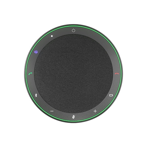 Haut-parleur noir rond avec bordure verte et symboles verts et rouges, tels que prise d'appel, raccrocher et volume.