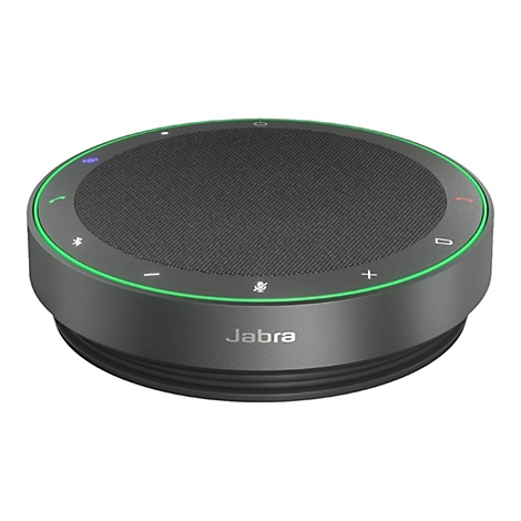 Haut-parleur Jabra rond et noir. Bord vert avec boutons, symboles de microphone et de volume. Le logo Jabra est en bas.