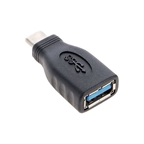 Schwarzer USB-C-auf-USB-3.0-Adapter, mit USB-3.0-Symbol.