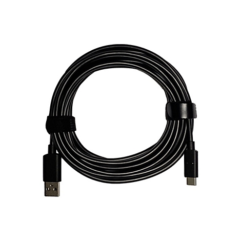 Schwarzes USB-Kabel, das zu einer Rolle geformt ist, mit Klettverschluss gebündelt, USB-A- und USB-C-Anschlüsse.