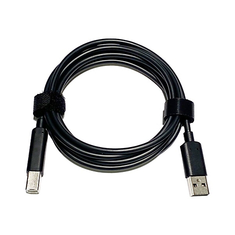 Schwarzes USB-Kabel, in einer Schlaufe mit Klettverschluss gehalten. Ein Ende ist USB-C, das andere USB-A.