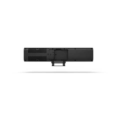 Rückseite einer schwarzen Videokonferenz-Soundbar mit mittigem Standfuß vor weißem Hintergrund.