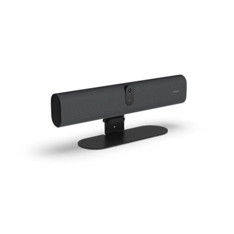 Schwarze Videokonferenz-Soundbar auf einem ovalen Standfuß vor weißem Hintergrund.
